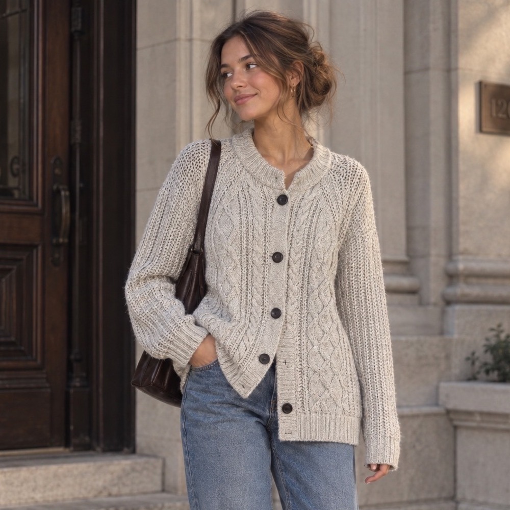 Cable Knit Cardigan Sweater Chunky Button Front XL Oatmeal Preppy Heritage Cozy